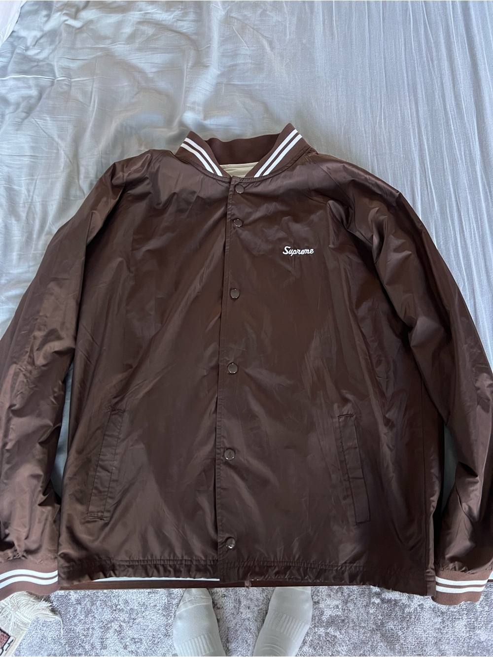Supreme x Champion Brown Varsity Coach Jacket with Contrast Stripes - Men's L
